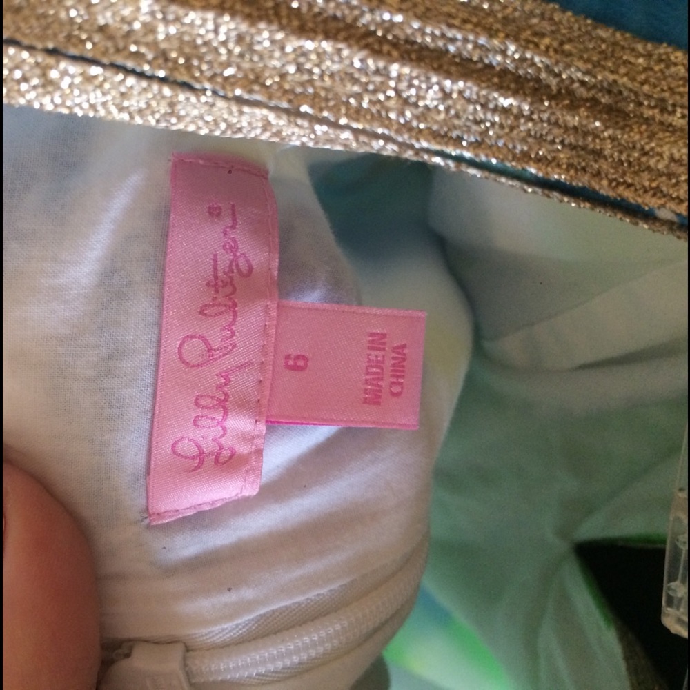 Lilly Pulitzer Blue White Green Printed Midi Dress with Gold Trim - Picture 5 of 10